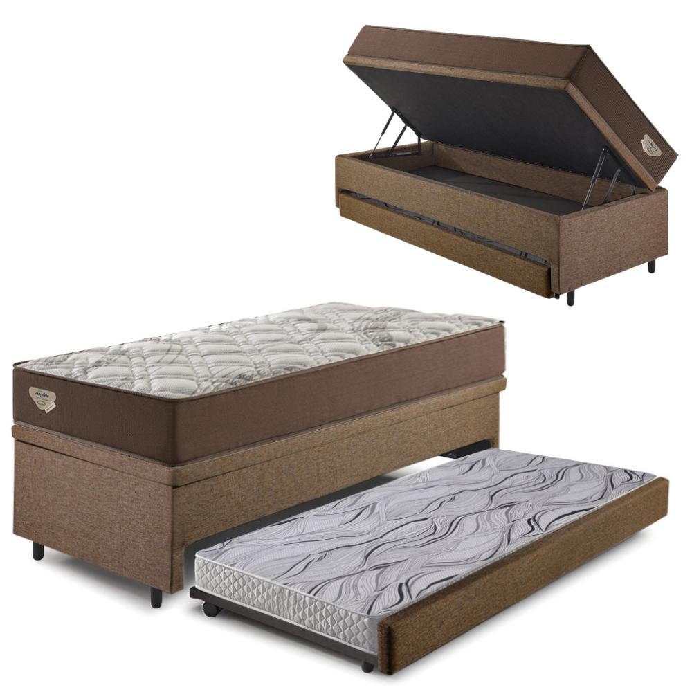 Bicama Box Baú com Linho Marrom 96x203 com Colchão Relax Adorabile Molas Ensacadas Ecoflex