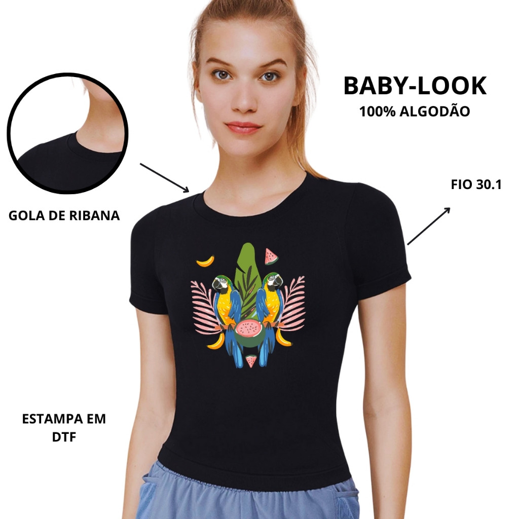 Camiseta Baby look Femenina 100%Algodão Envio Rapido Natureza Papagaios Lançamento Novo Macia e Confortavel Femenino Unissex Desenhos Anime Animação Roupa Camisa Estilosa passaros