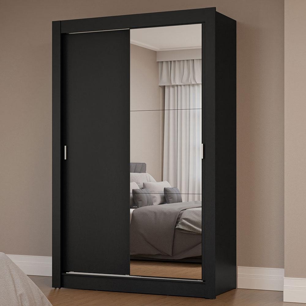 Guarda-Roupa Solteiro 2 Portas de Correr com Espelho Preto Milano Madesa