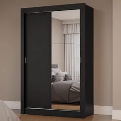 Guarda-Roupa Solteiro 2 Portas de Correr com Espelho Preto Milano Madesa
