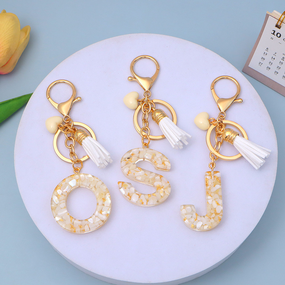 Simples Branco 26 Letras Chaveiro Coração Borla Pingentes Mochila Ornamentos Feminino Porta-Chaves Do Carro