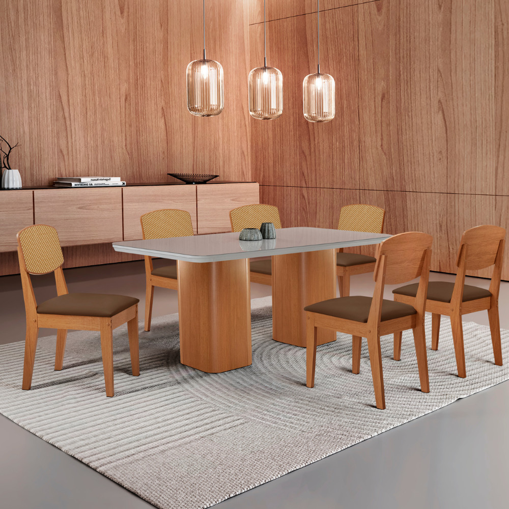 Mesa de Jantar Eloise 180cm Tampo MDF Vidro com 6 Cadeiras Copper Premium Moderna Mobília em Oferta na Shopee