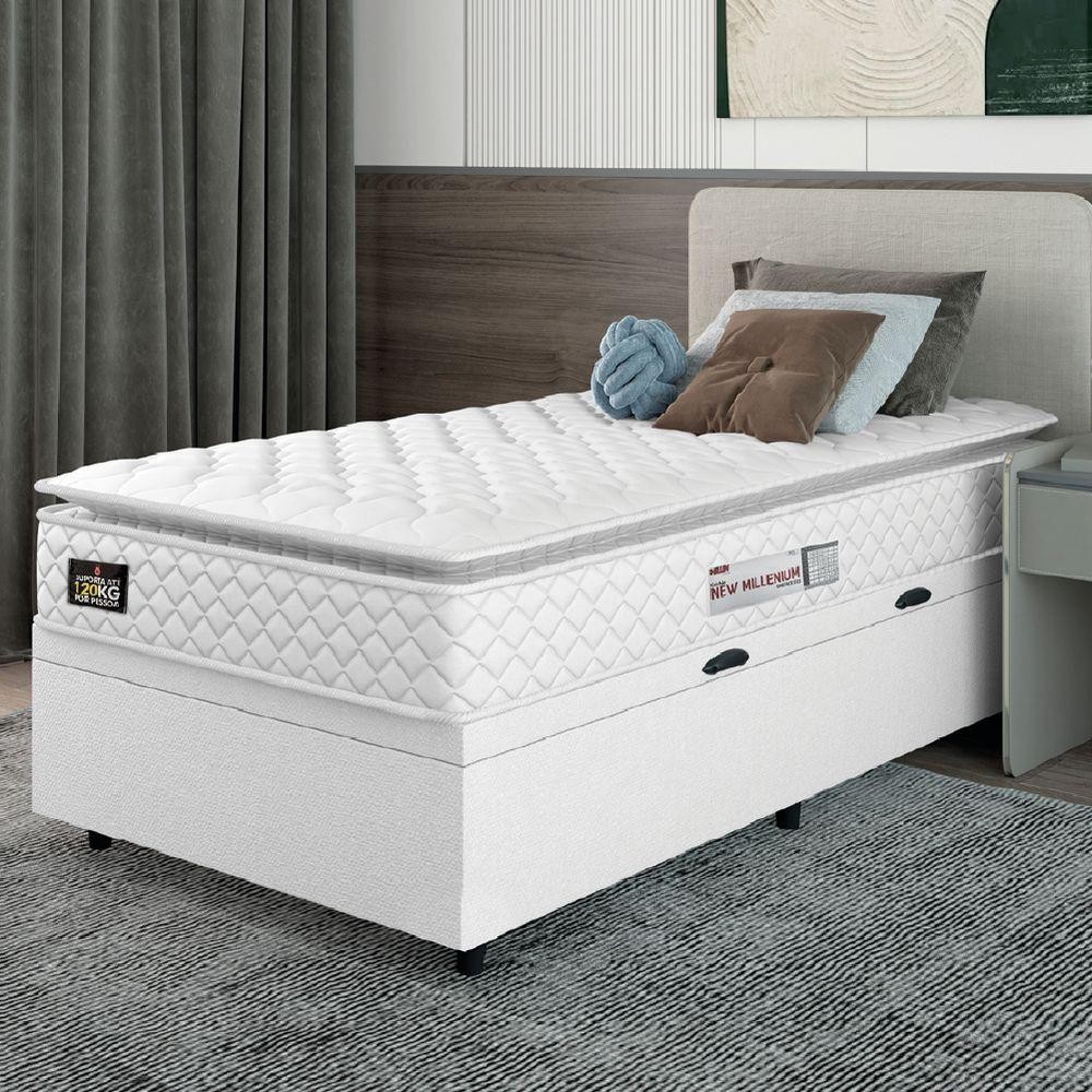 Cama Box Baú Solteiro Colchão Espuma D33 Pillow Top New Millenium 88x188x60cm Branco Hellen em Oferta na Shopee