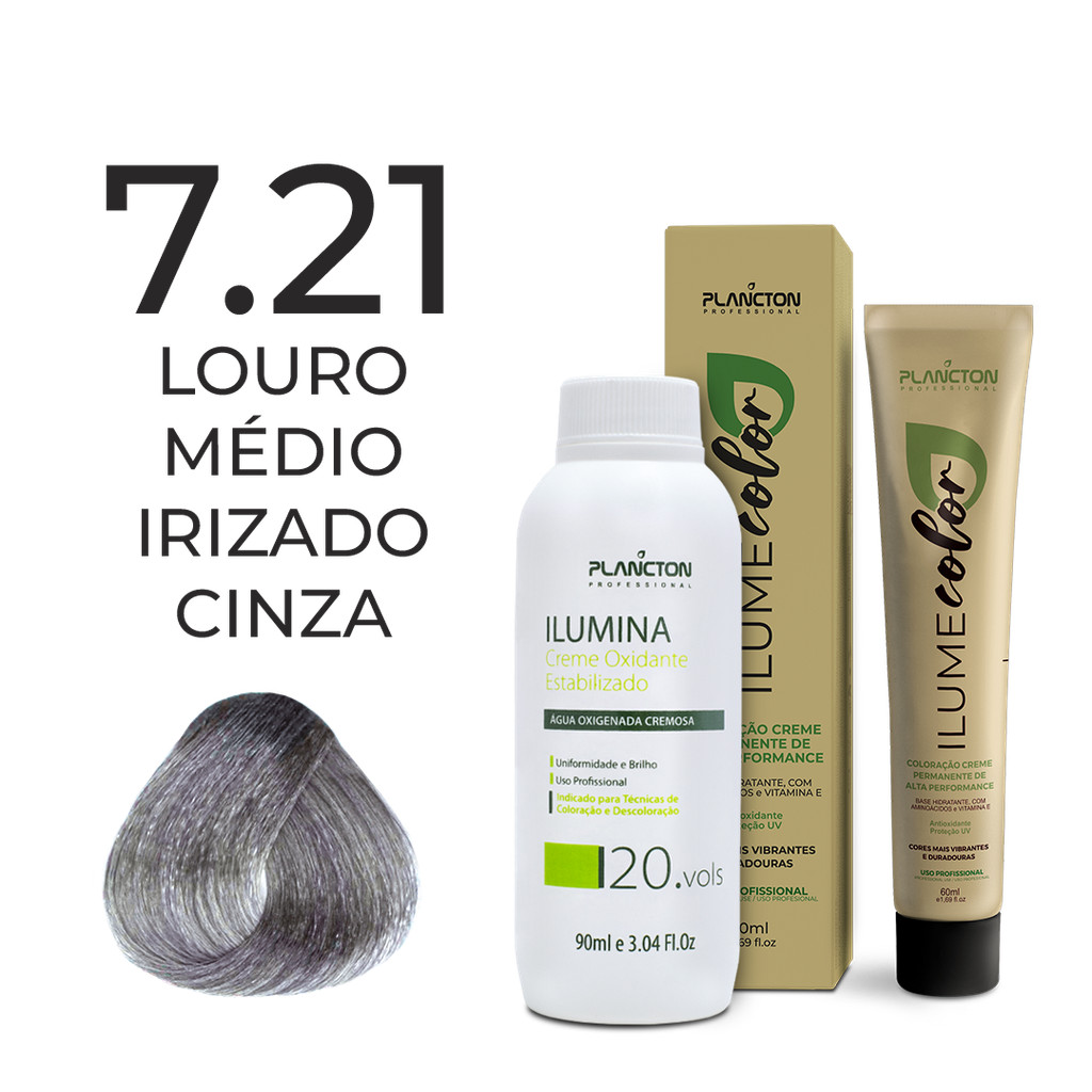 KIT ILUME COLOR PLANCTON - 7.21 LOURO MÉDIO IRIZADO CINZA + OX ILUMINA 20V