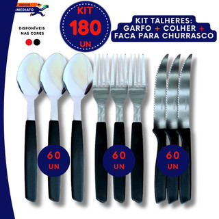 Talheres Inox Luxo Cabo Plástico Colher Garfo Faca Sobremesa 60 96 180 Peças Preto Vermelho