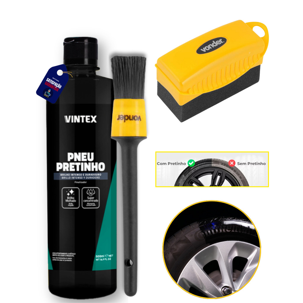 Kit Combo Pneu Pretinho Pincel Esponja Aplicadora Profissional Lava Rápido Estética Automotiva