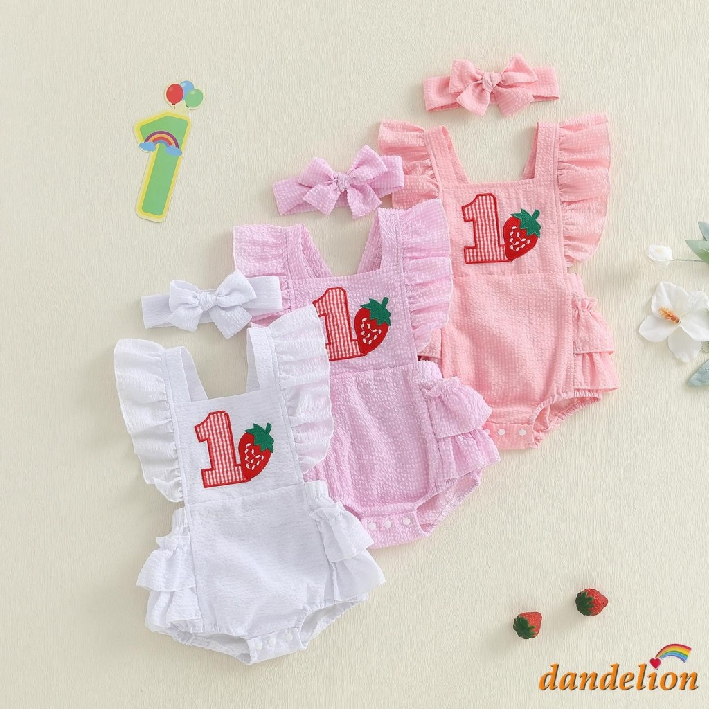 Macacão De Aniversário De Morango Para Meninas , Body Com Manga Voadora E Faixa De Cabeça Laço , Roupas Fofas De Verão