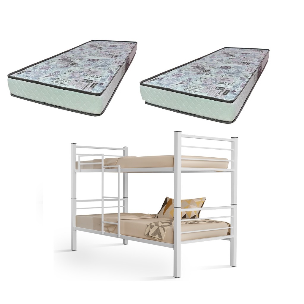 Beliche 100% Ferro/Aço Cristal Vira 2 Camas grade Proteção e Escada + 2 Colchões D-23 -Gazin -Branco