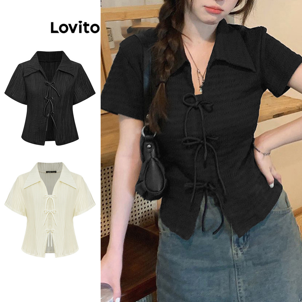 Lovito Camiseta Fofa De Verão Com Laço Jacquard Liso Para Mulheres L87ED028 (Multicolorido) - Women Clothes