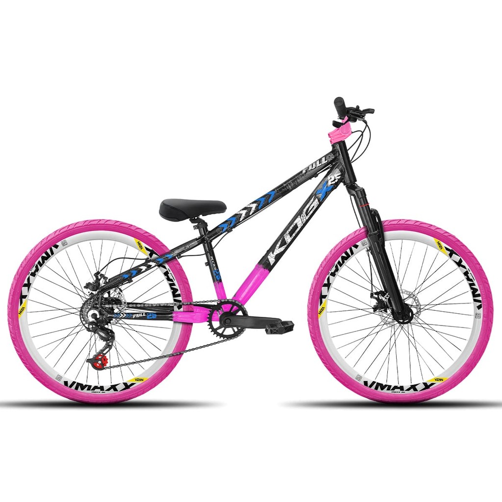 Bicicleta aro 26 KOG Freeride 1x7 Preto Rosa e Azul Vmaxx Branco - Pneus Rosa - Mesa Curta Rosa - Guidão Rosa