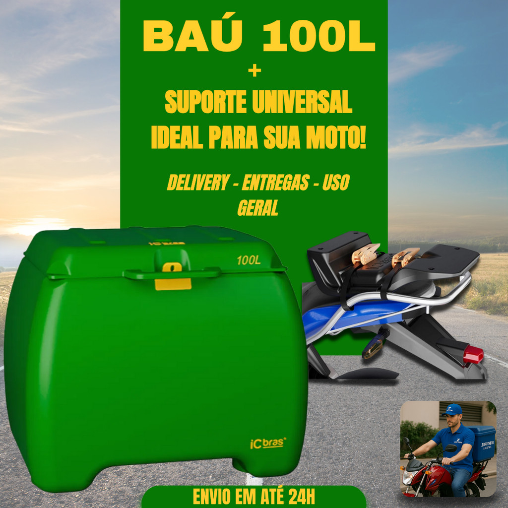 Baú 100 Litros Para Moto Motoboy Delivery Premium Com Suporte Universal Icbras