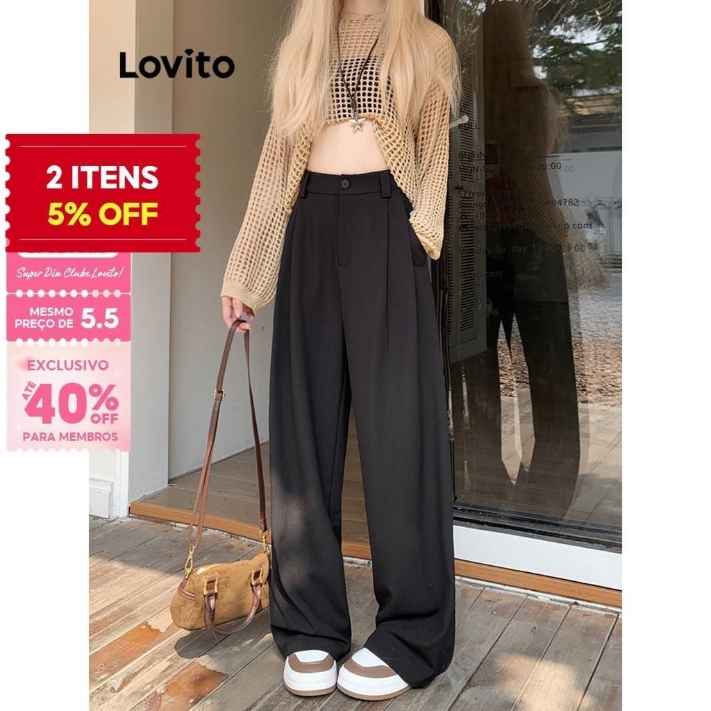 (Trendy) Lovito Calça Casual Calça Drapeada Lisa Para Mulheres LNA29025 (Cinza/Preto) em Oferta na Shopee