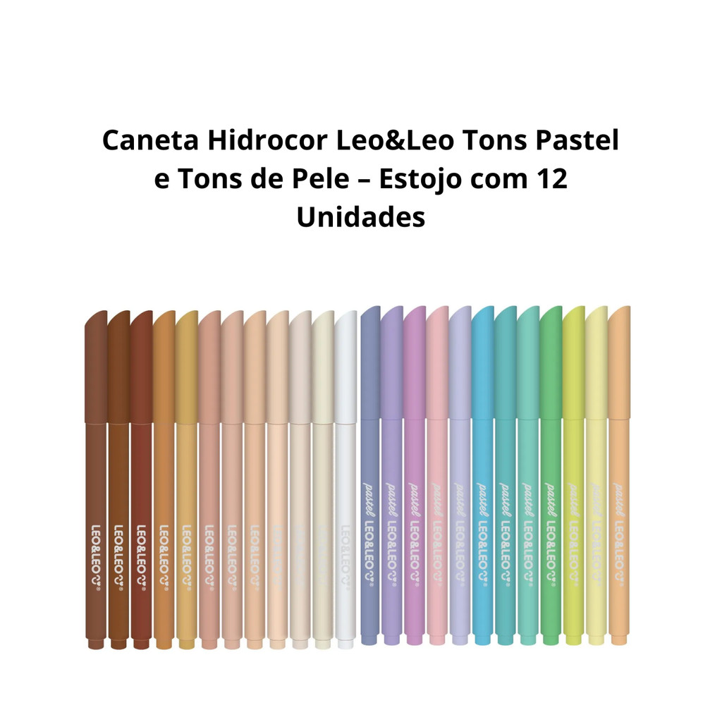 Caneta Hidrocor  Tons Pastel e Tons de Pele – Estojo com 12 Unidades - Leo&Leo em Oferta na Shopee