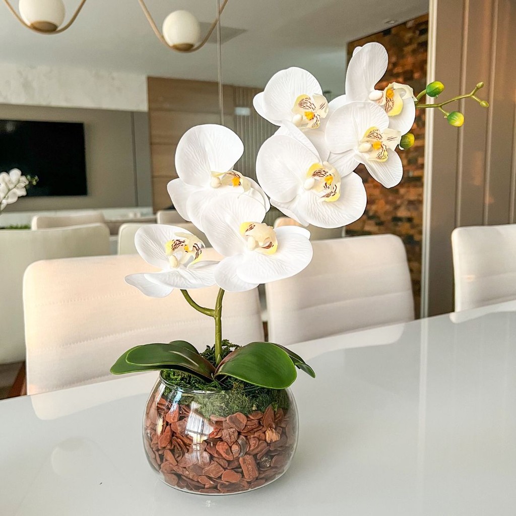 ️ ARRANJO ORQUÍDEA ARTIFICIAL BRANCA VASO DE VIDRO INCOLOR