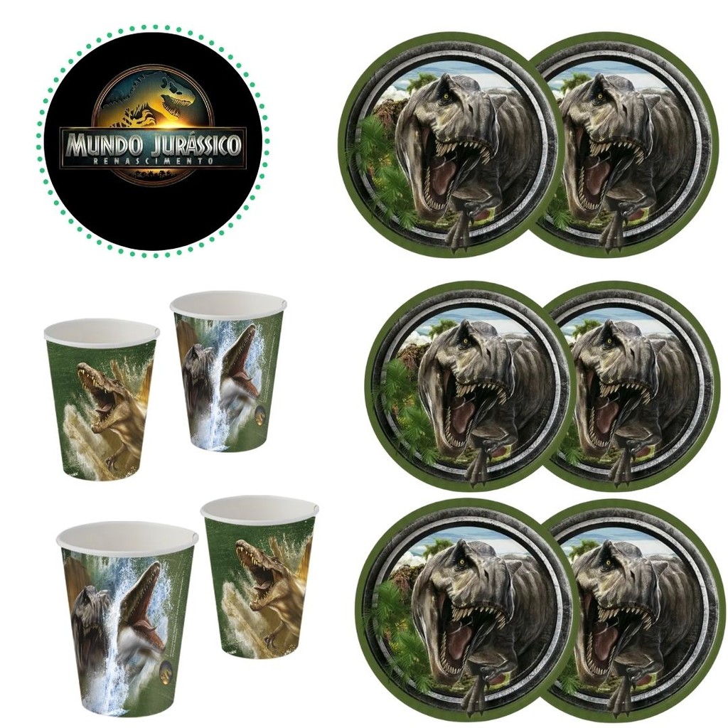 KIT FESTA JURASSIC  WORLD RECOMEÇO 8 PRATOS + 8 COPOS DESCARTÁVEL 200 ML PAPEL - FESTCOLOR em Oferta na Shopee