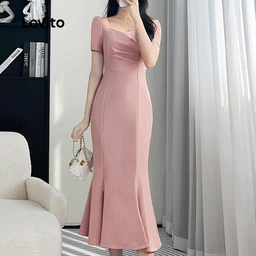 (Trendy) Lovito Vestido Elegante Liso Plissado Verão Primavera Rosa Para Mulheres L132ED070 - Women Clothes