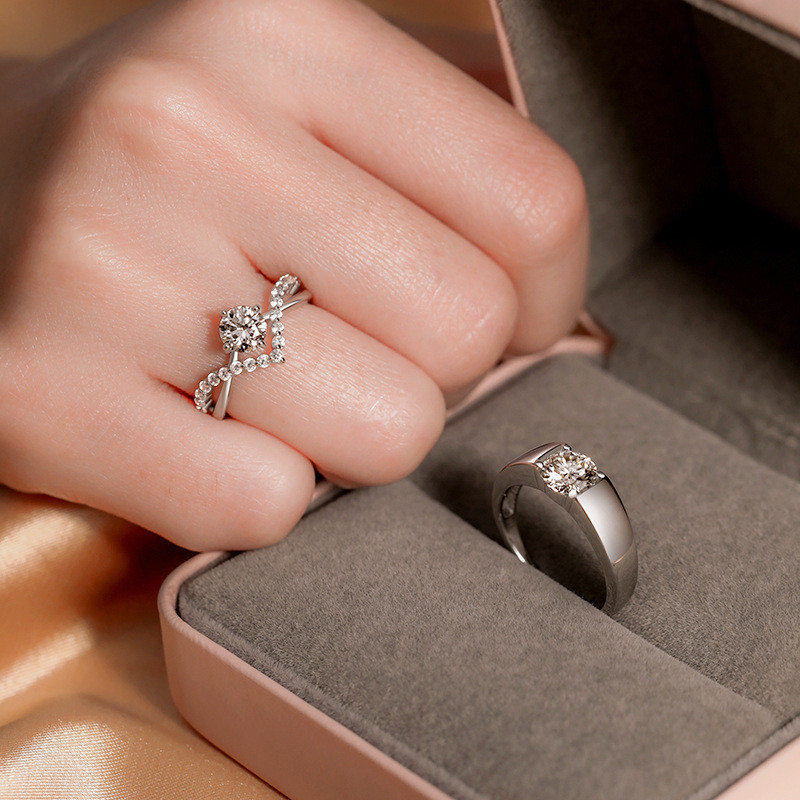 Anel de casal com quatro garras, anel de diamante com zircônia incrustada, anel de coroa aberto para homens e mulheres