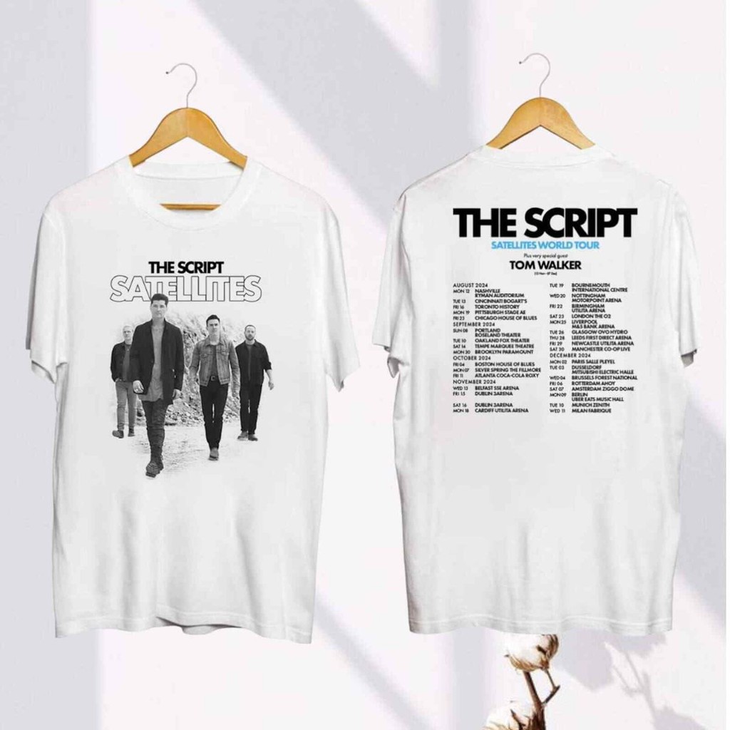 Camiseta Unissex de Algodão Puro Branco Básica Estampada com Elementos da The Script Satellites World Tour