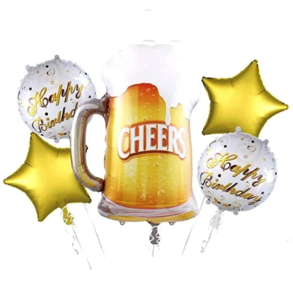Kit Decoração Festa 5 Balões Metalizado Caneca Happy Birthday Cerveja Chopp Estrela em Oferta na Shopee