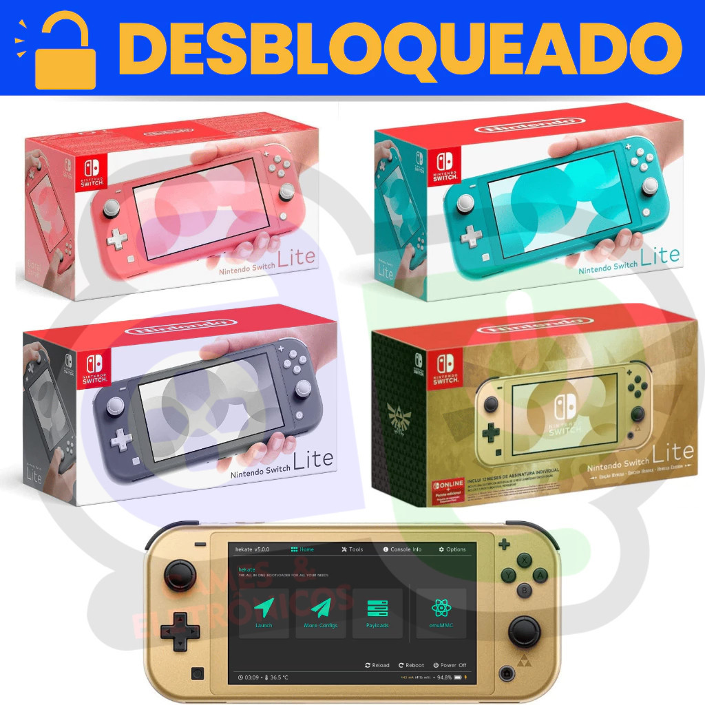Nintendo Switch Lite Desbloqueado Novo + Cartão c/ Jogos 64gb/128gb/256gb/512gb + Garantia