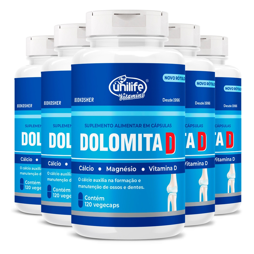 Kit 5 Dolomita com Vitamina D Unilife 120 Cápsulas