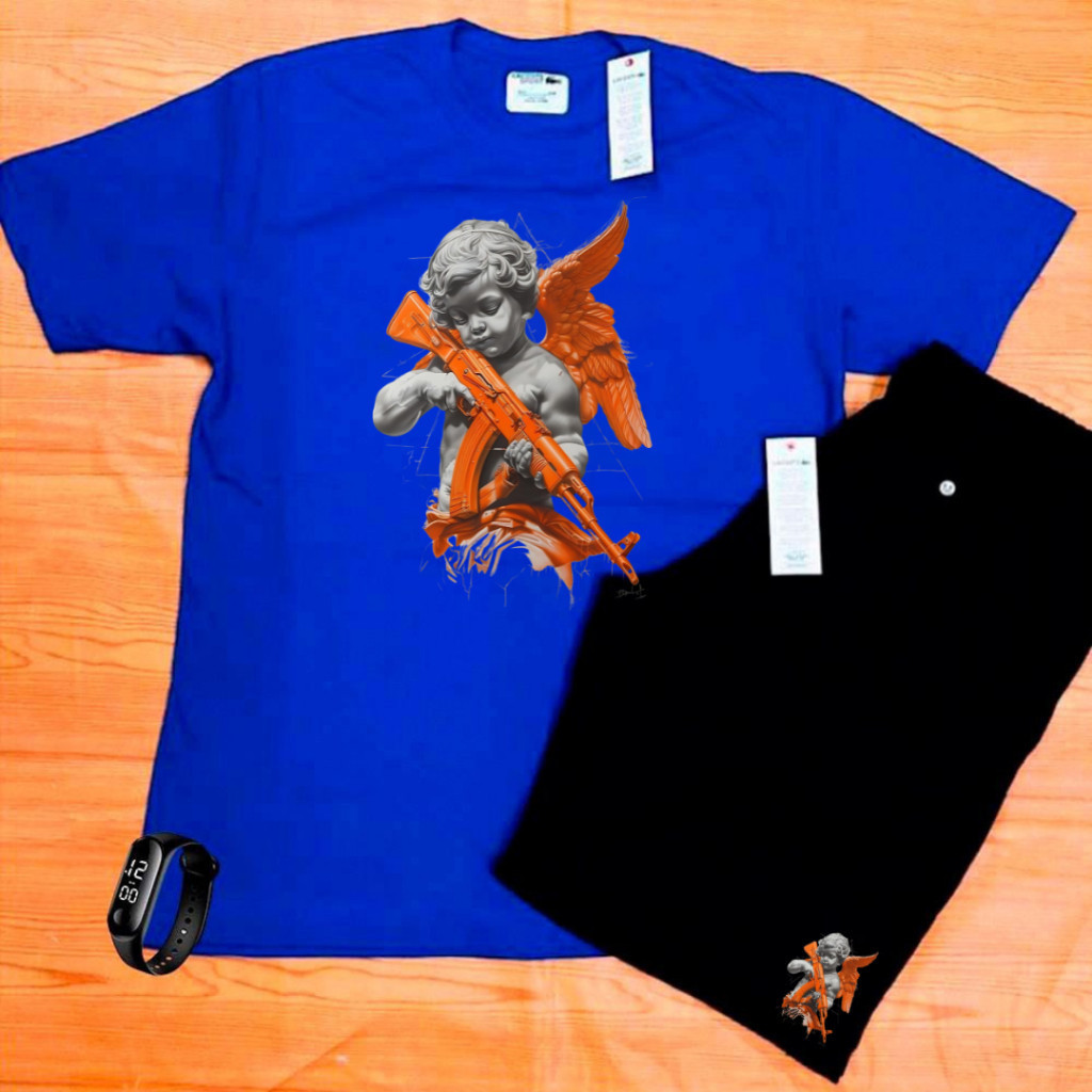 Kit Verão Bermuda e Camiseta algodão caminhada academia produto qualidade ANJO M mais RELOGIO DIGITAL