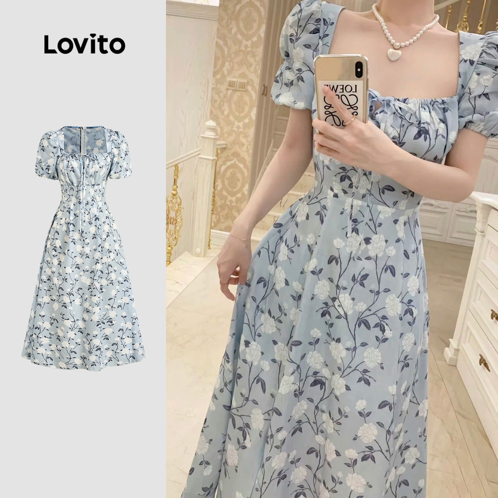 Lovito Vestido Elegante de Renda com Cadarço para a Primavera/verão  Vestido Azul para mulheres LBL27378 em Oferta na Shopee