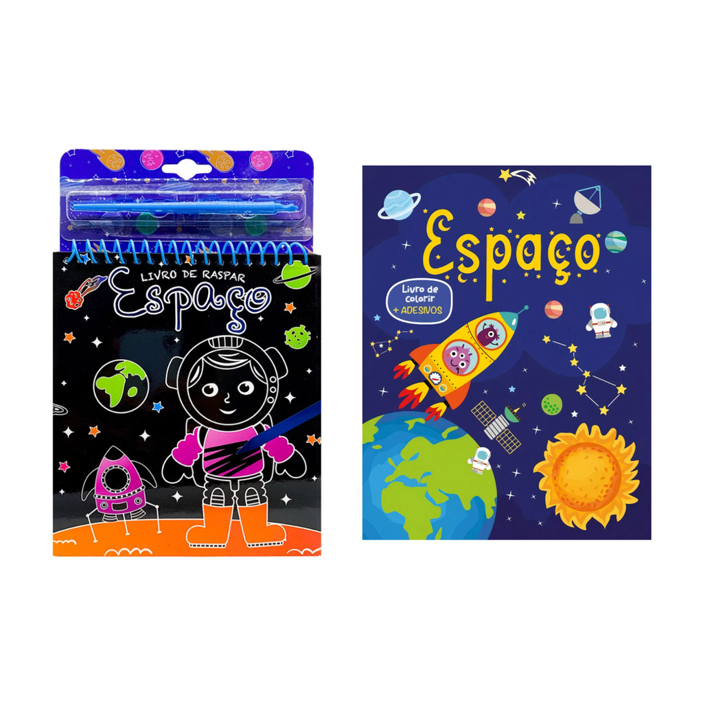 KIT 2 LIVROS INFANTIS TEMA ESPAÇO - LIVRO DE RASPAR + LIVRO DE COLORIR COM ADESIVOS