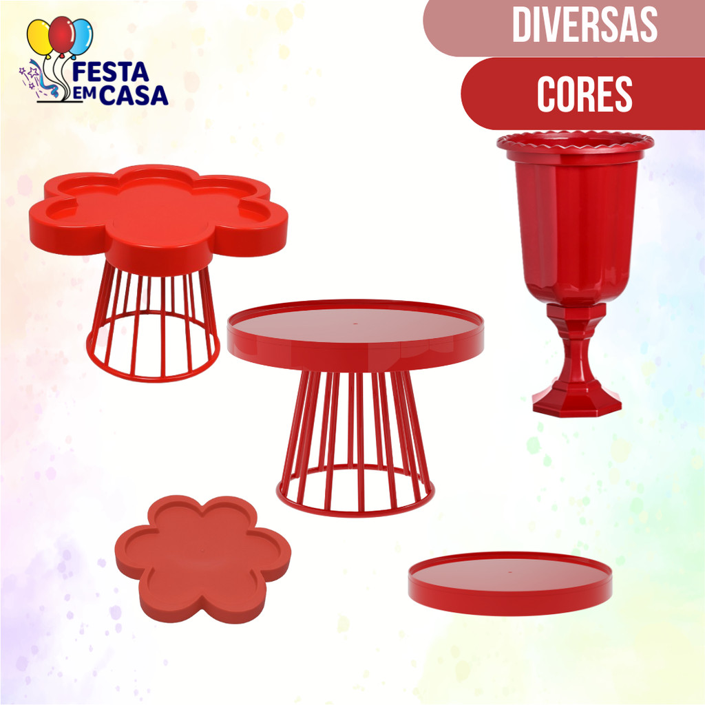Kit Festa Decoração - 1 Boleira Roma 23cm, 1 Porta Doce Flor 25cm, 1 Bandeja Redonda, 1 Bandeja Flor, 1 Vaso Grego
