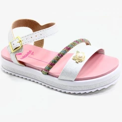 Sandália Infantil Molekinha Flatform Tira Strass Colorido - Rosa e Branco