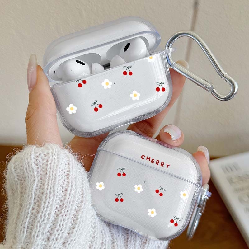 Capa De Fone De Ouvido Transparente Flor Cereja TPU Para Airpods 4 3 1/2 Com Chaveiro Pro/2 Protetora
