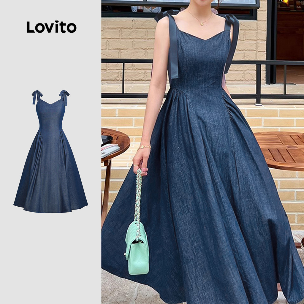 (New) Lovito Vestido Elegante de Jeans com Laços  Pregas  Primavera/verão  Vestido de Jeans Azul para Mulheres L142LD122 em Oferta na Shopee