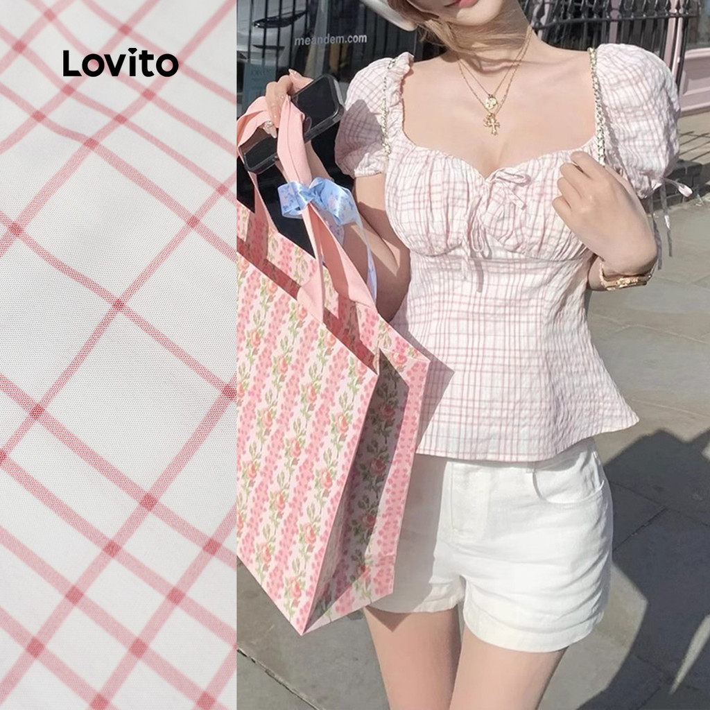 (New) Lovito Blusa Casual de Lãmina com Laço e Franzida para Primavera/verão  Blusa Rosa para Mulheres L144AD230 em Oferta na Shopee