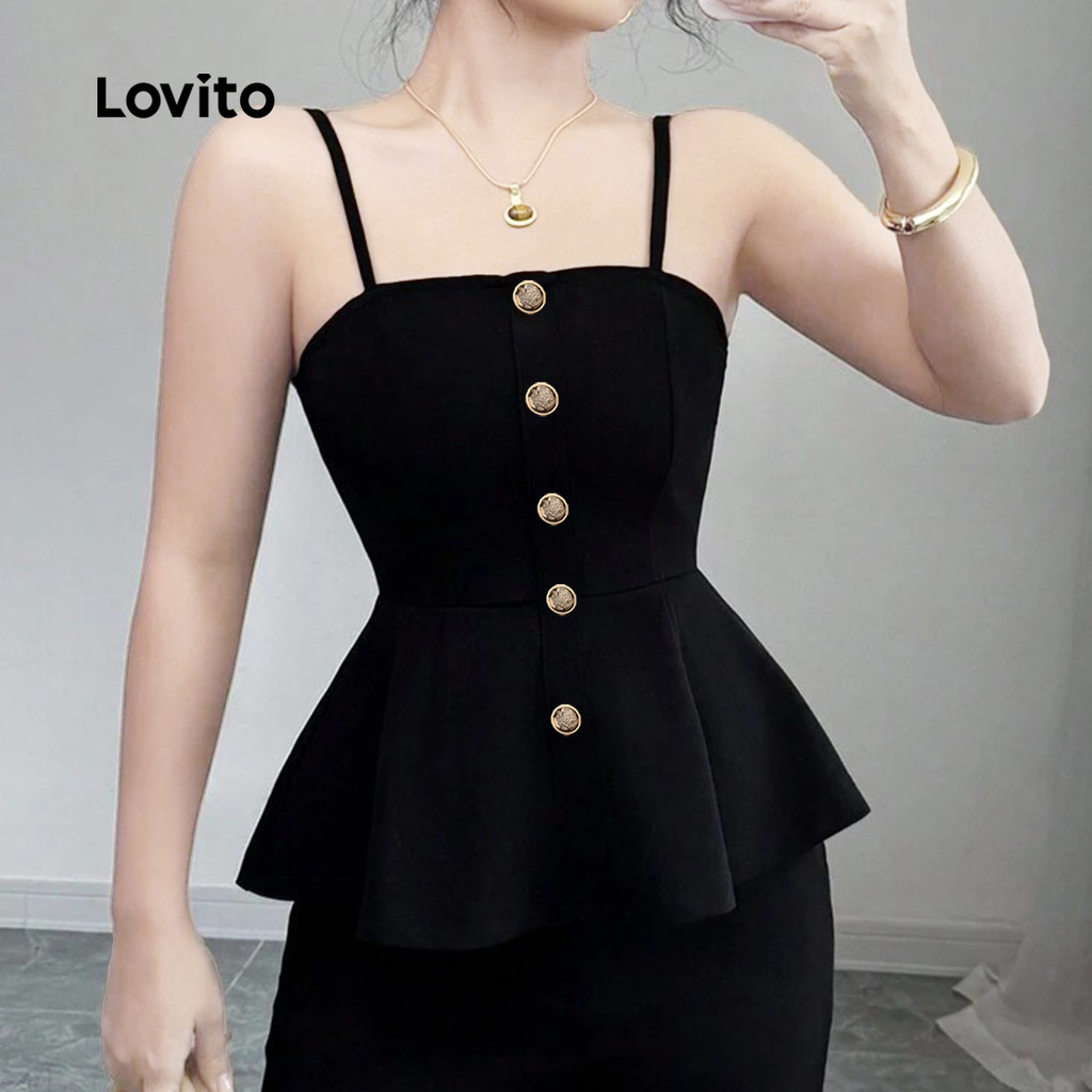 Detalhes do (NEW) Lovito Blusa Casual de Botão Superior Drapeada para Primavera/verão  Preta  para mulheres L143AD643