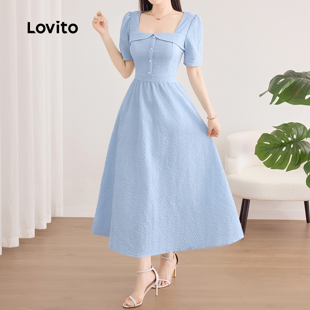 (New) Lovito Vestido Casual com Babados Na Barra  com Botões  de Primavera/verão  azul L143ED619 em Oferta na Shopee