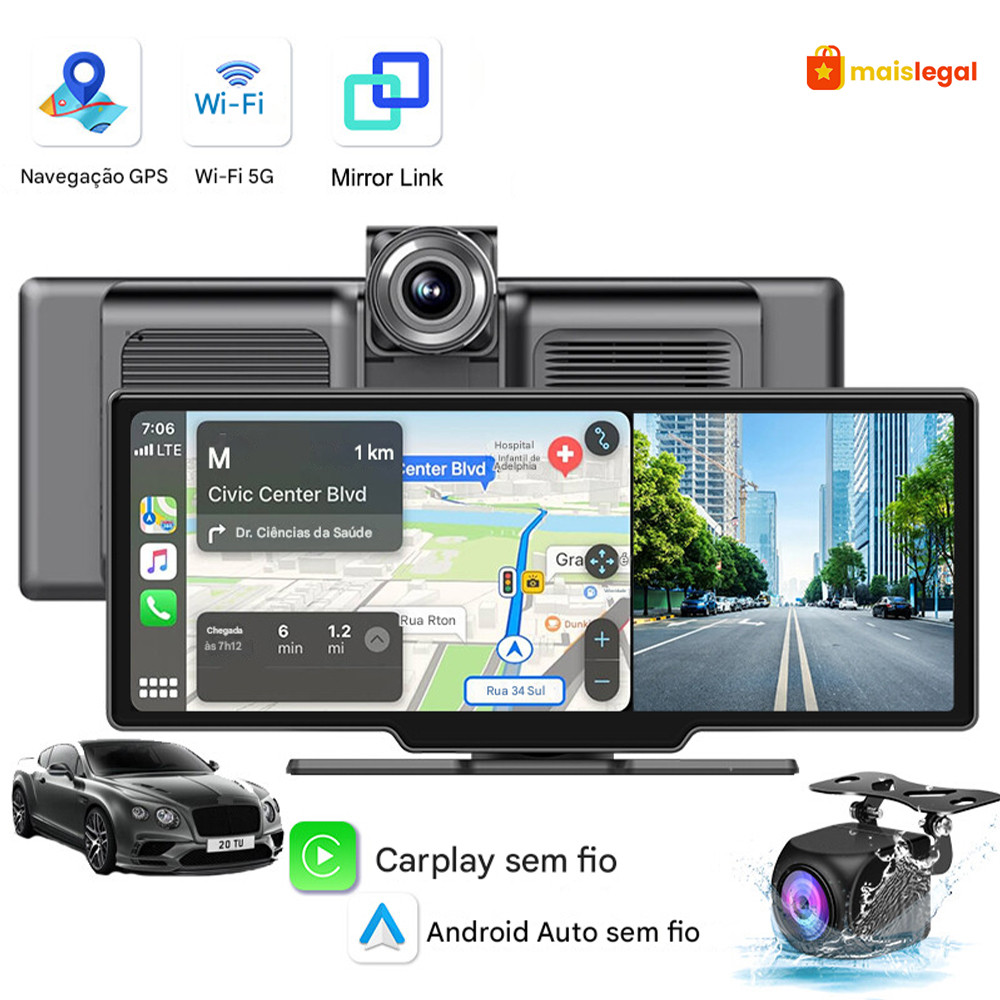 Gravador de Condução 10.26 Pol. Player Multimídia, Apple Carplay, Android Auto e Duas Câmeras