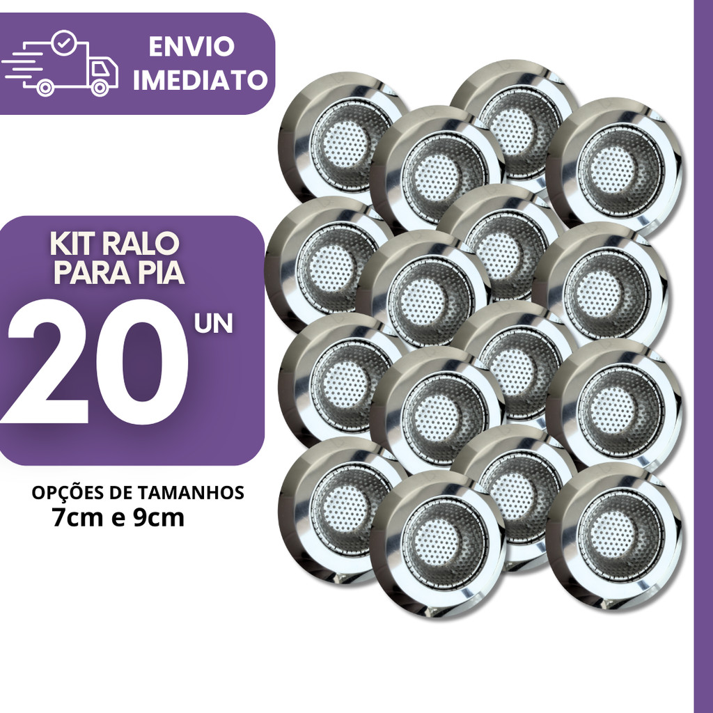 Kit 20 Ralos para Pia 7cm ou 09cm em Aço Inox Resistente Durável para Cozinha