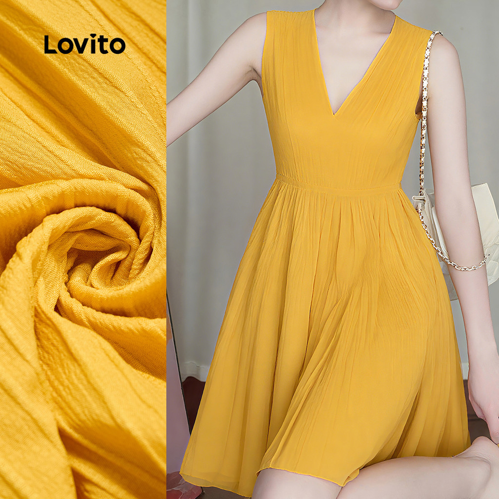 (New) Lovito Vestido Casual de Estrutura Plenada para Primavera/verão Amarelo para mulheres L150ED139 em Oferta na Shopee