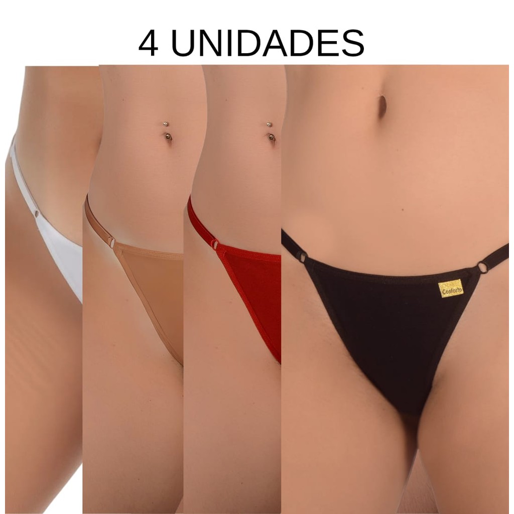 4 calcinhas de algodão feminina coton antialérgico fio duplo  string preto branco vermelho bege em Oferta na Shopee