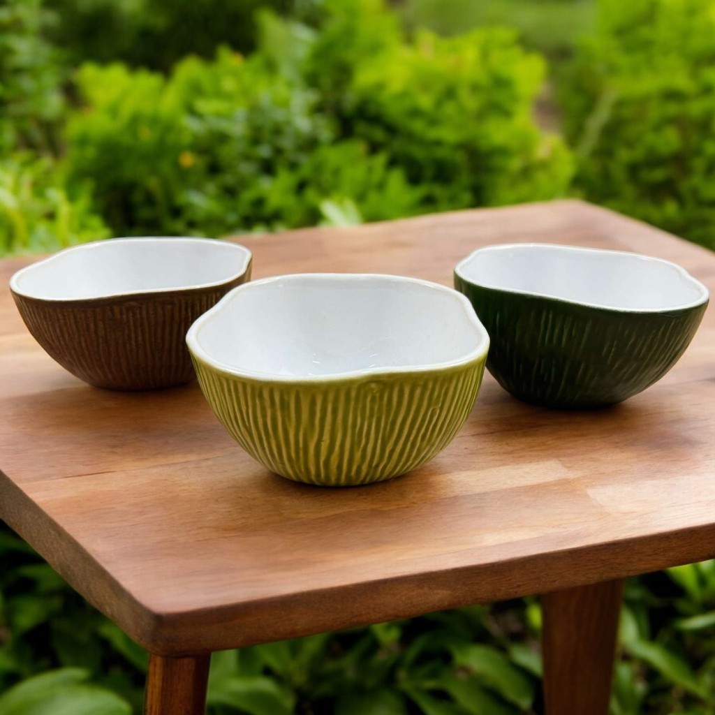 Bowl / Tigela Coco Em Cerâmica 400ml Marrom Verde Claro Verde Escuro