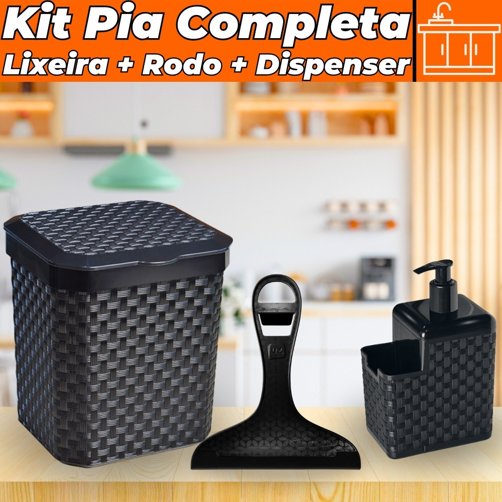 Kit LIXEIRA DE PIA PRETA 05 LITROS + RODINHO DE PIA + PORTA DETERGENTE SABÃO SABONETE LÍQUIDO RATTAN