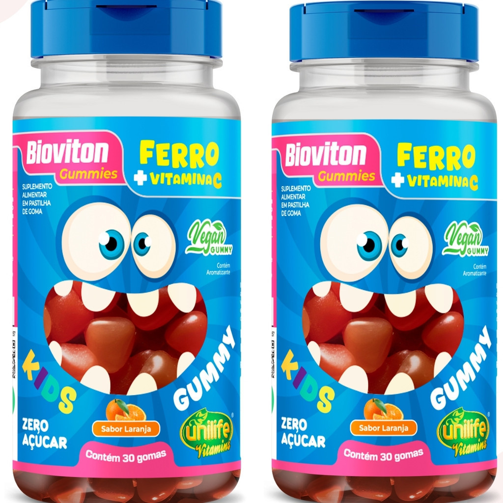 Kit 2 Suplemento Kids Ferro + Vitamina C Gummy Zero Açucar Sabor Laranja Mastigaveis - Unilife