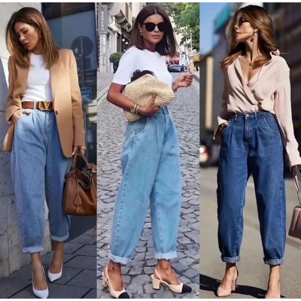 SainaOffece 8208 calca jeans mom com rasacada com bolsa 8208 em Oferta na Shopee