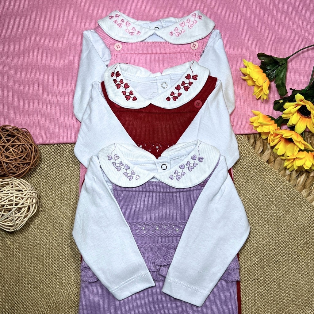 Jardineira Tricô com Body Manga Longa Ayla | 3-6 Meses | Body Gola Bordada | Meninas