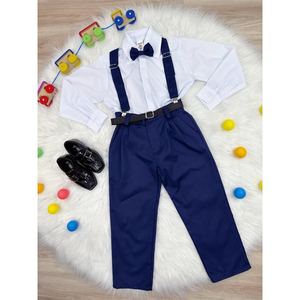 Conjunto Social Para Formaturas Pajem Príncipes Camisa Gravata e Calça com Suspensório Azul Marinho