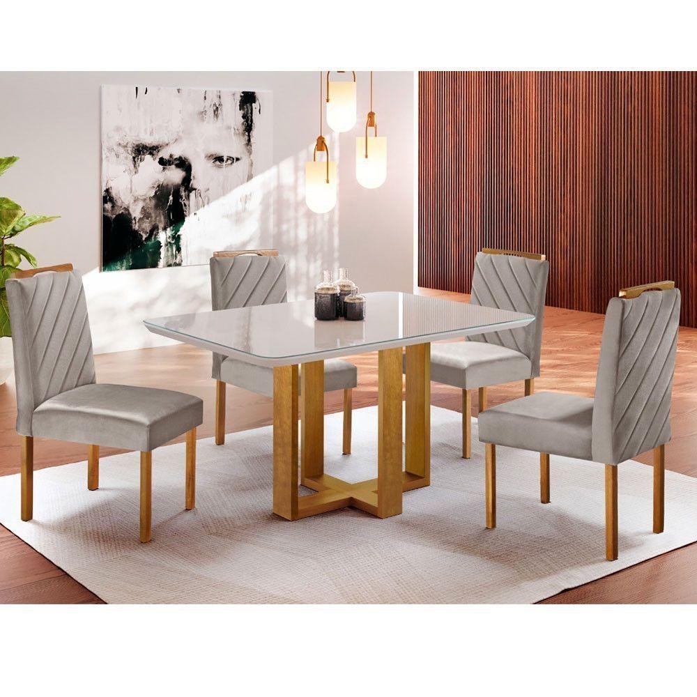 Kit Sala De Jantar 4 Lugares Mesa Lisy E Cadeiras Jade Veludo Off White Com Marrom Acinzentado em Oferta na Shopee