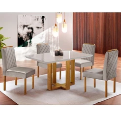 Kit Sala De Jantar 4 Lugares Mesa Lisy E Cadeiras Jade Veludo Off White Com Marrom Acinzentado