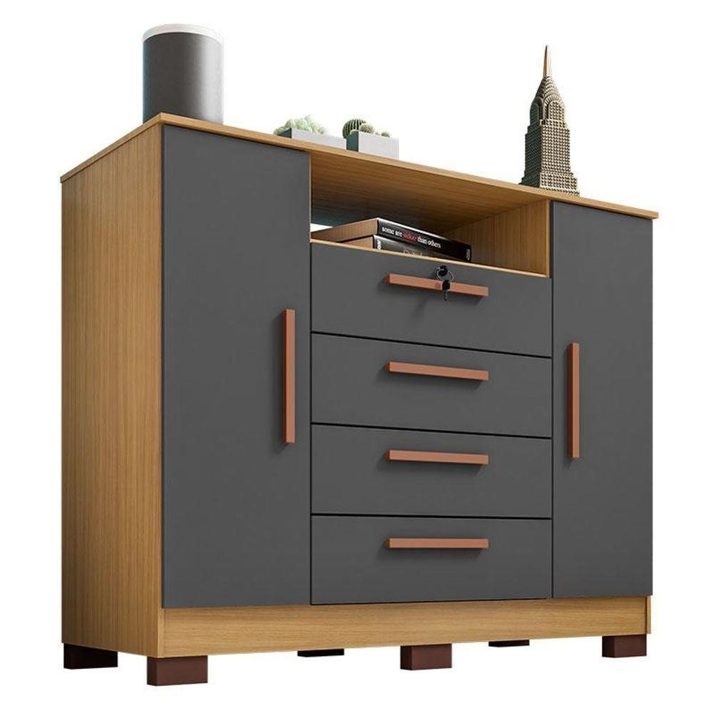 Cômoda Madri 4 Gavetas 2 Portas Carvalho Americano Grafite - Incorplac em Oferta na Shopee