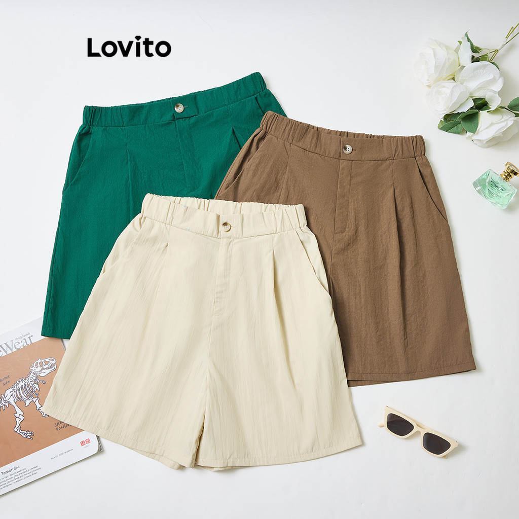 Lovito Shorts Casuais Com Bolso Liso Para Mulheres LNL50100 - Women Clothes