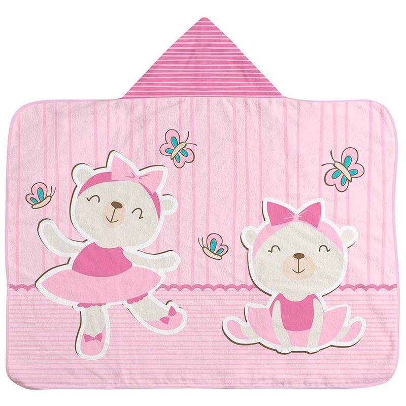 TOALHA DE BANHO BEBE COM CAPUZ BUBLIM C/ESTAMPA LOCALIZADA E FORRO FRALDA 67CMX90CM PCT C/01UN //URSA BAILARINA